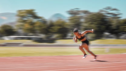 Speed, track and fast woman running for fitness health, exercise and workout for marathon race, contest or competition. 