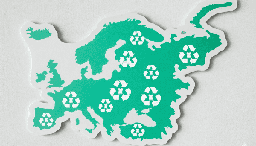 An EU map that shows recycling textile icons across the region