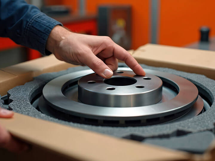 close up view of hands unpacking automotive brake discs from protective packaging
