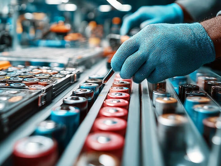 Close up view of worker, wearing protective gloves, handling battery replacement maintenance on battery cells in manufacturing process 