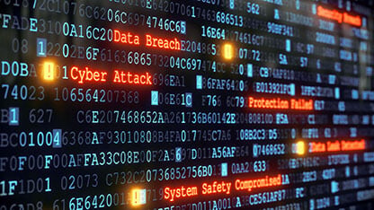 An abstract design of a terminal display, warning about a cyber attack. Multiple rows of hexadecimal code are interrupted by red glowing warnings and single character exclamation marks. The image can represent a variety of threats in the digital world: data theft, data leak, security breach, intrusion, anti-virus failure, etc..