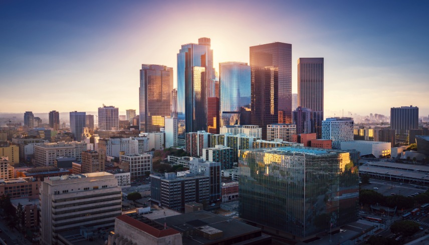 Sunset over Los Angeles downtown