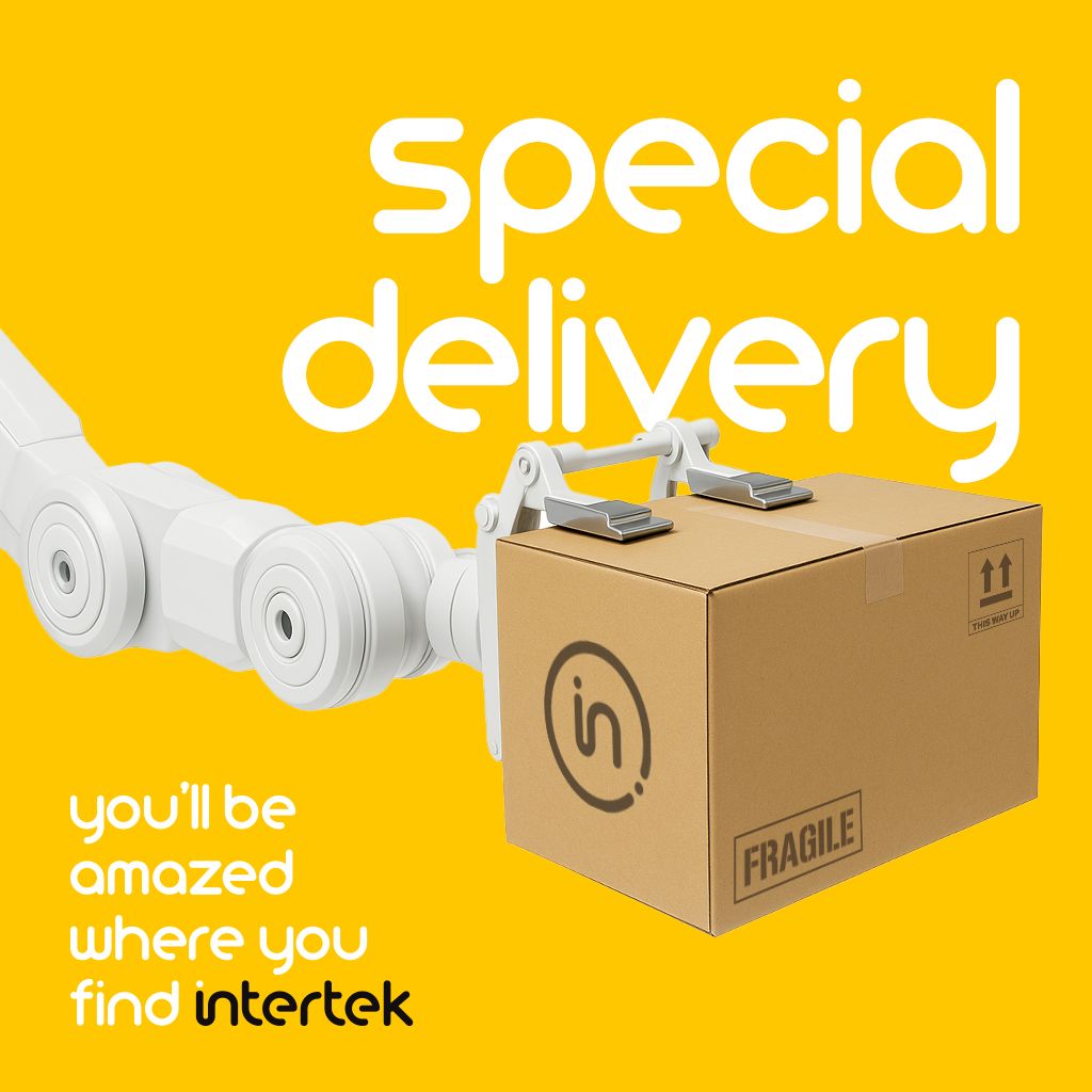 Cardboard package being held by robotic arm